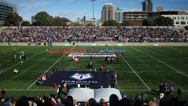 Picture by Vaughn Ridley/SWpix.com - 05/10/2019 - Rugby League - Betfred Championship Grand Final - Toronto Wolfpack v Featherstone Rovers - Lamport Stadium, Toronto, Canada - The teams lineup for the anthems.