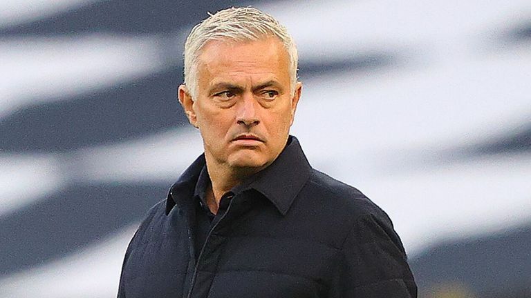 Tottenham Hotspur&#39;s Portuguese head coach Jose Mourinho walks on the pitch ahead of the English Premier League football match between Tottenham Hotspur and Everton at Tottenham Hotspur Stadium in London, on July 6, 2020. 