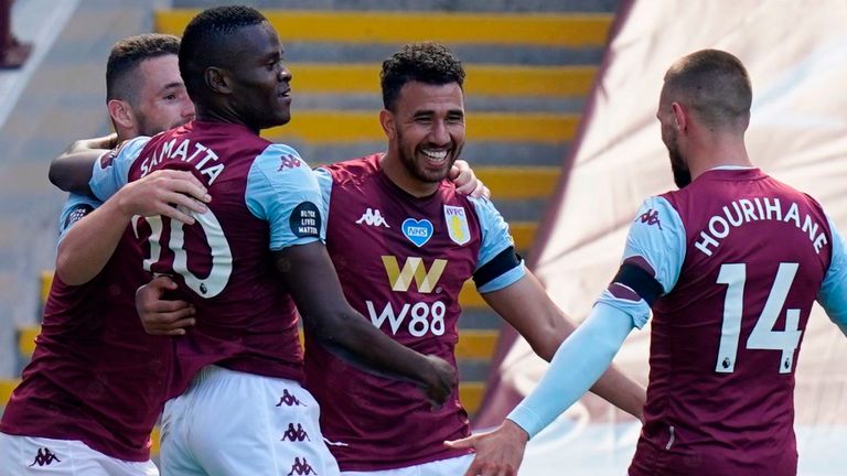 Trezeguet celebrates scoring one of his two goals for Aston Villa vs Crystal Palace