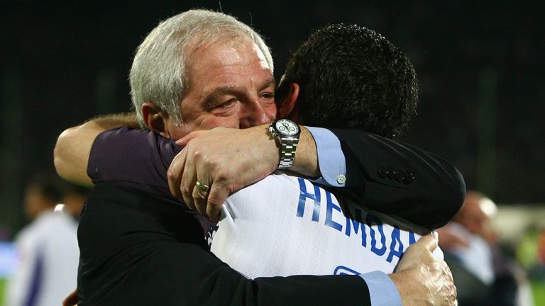 FLORENCE, ITALY - MAY 01:  Walter Smith, manager of of Ranger, celebrates with Brahim Hemdani of Rangers after the UEFA Cup Semi Final second leg match at the Artemio Franchi Stadium on May 1, 2008 in Florence, Italy.  (Photo by Ryan Pierse/Getty Images)