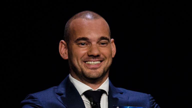 Dutch Former player Wesley Sneijder shows FK Crvena zvezda (SRB) during the Kick-Off 2019/2020 - UEFA Champions League Draw on August 29, 2019 in Monaco, Monaco. 