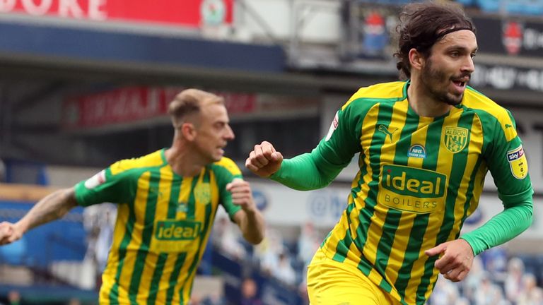 West Bromwich Albion's Filip Krovinovic celebrates scoring the opening goal during the Sky Bet Championship match at Ewood Park, Blackburn. PA Photo. Issue date: Saturday July 11, 2020. See PA story SOCCER Blackburn. Photo credit should read: Martin Rickett/PA Wire. RESTRICTIONS: EDITORIAL USE ONLY No use with unauthorised audio, video, data, fixture lists, club/league logos or "live" services. Online in-match use limited to 120 images, no video emulation. No use in betting, games or single club/league/player publications.