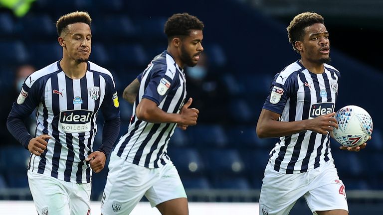 WEST BROMWICH, ENGLAND - JULY 22: Grady Diangana of West Bromwich Albion celebrates after scoring a goal to make it 1-1 during the Sky Bet Championship match between West Bromwich Albion and Queens Park Rangers at The Hawthorns on July 22, 2020 in West Bromwich, England.