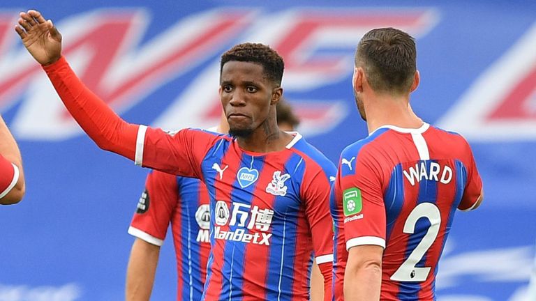Wilfried Zaha celebrates after scoring for Crystal Palace vs Chelsea