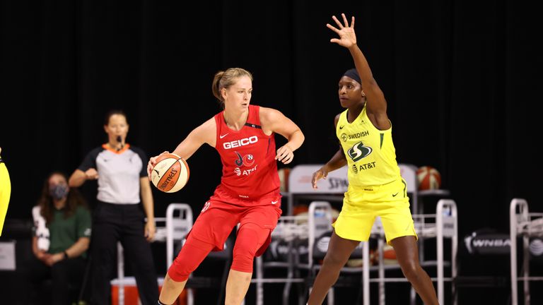 Emma Meesseman #33 of the Washington Mystics drives to the basket against the Seattle Storm on July 30, 2020 at Feld Entertainment Center in Palmetto, Florida.