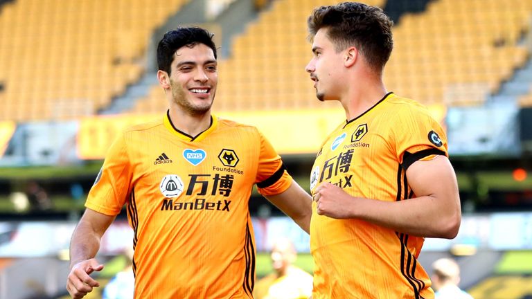 Leander Dendoncker celebrates scoring Wolves' second goal with team-mate Raul Jimenez