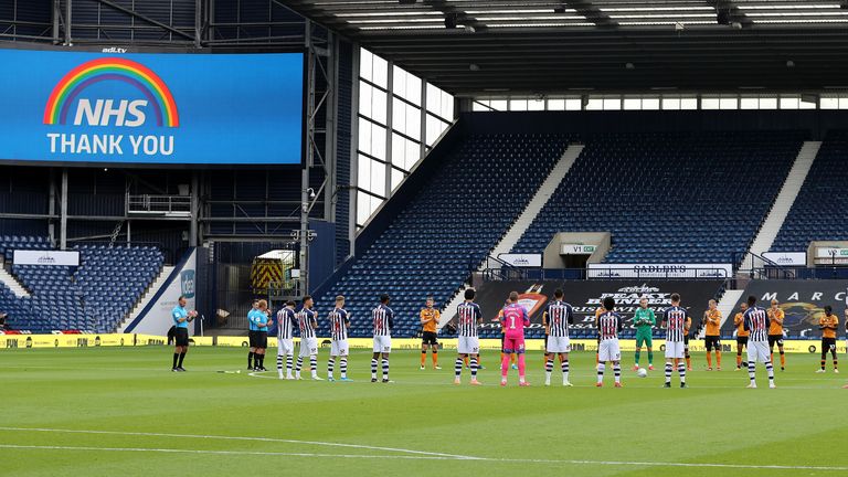 Players take part in a minutes applause for NHS workers during the Sky Bet Championship match between West Bromwich Albion and Hull City at The Hawthorns on Sunday