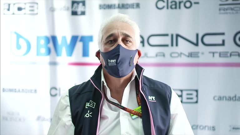 Lawrence Stroll reads a statement in response to the FIA penalty handed to Racing Point