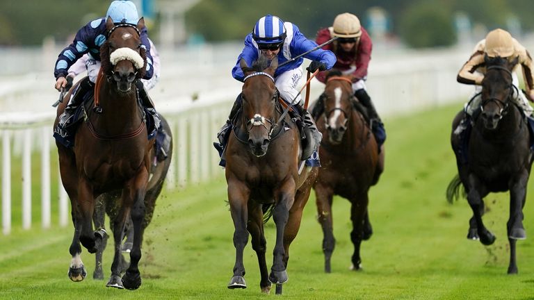 Jim Crowley on board Battaash (centre) on their way to winning the Coolmore Nunthorpe Stakes at York Racecourse during day three of the Yorkshire Ebor Festival at York Racecourse.