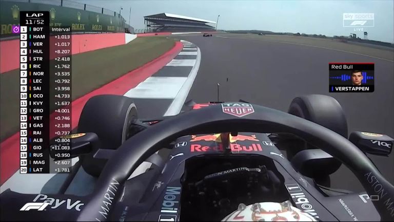 Listen to Max Verstappen's priceless reaction to being told on the radio to hold back and save his tyres in his pursuit of the Mercedes' at Silverstone