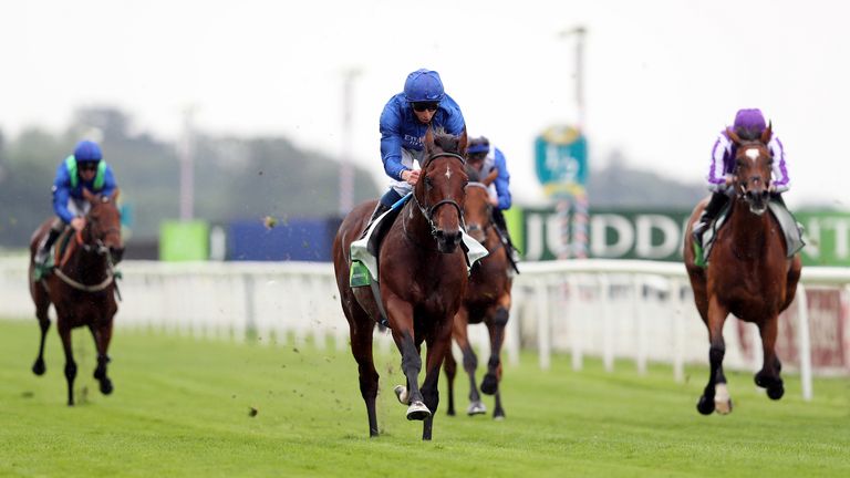 Ghaiyyath ridden by jockey William Buick on the way to winning the Juddmonte International Stakes (British Champions Series) during day one of the Yorkshire Ebor Festival at York Racecourse.
