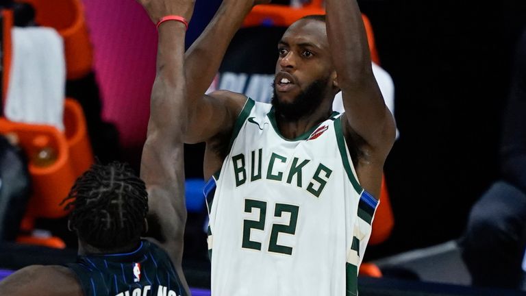 Khris Middleton launches a three-pointer in Milwaukee's Game 4 win over Orlando