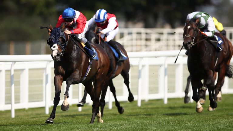 Regal Reality ridden by Richard Kingscote (left) coming home to win the AJN Steelstock Sovereign Stakes at Sailsbury