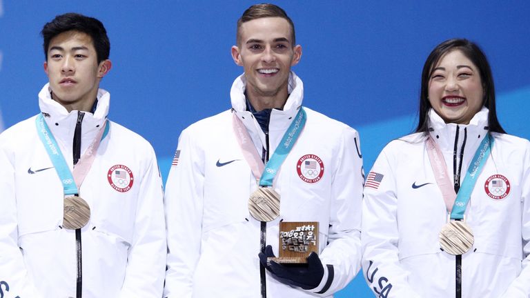 PYEONGCHANG-GUN, SOUTH KOREA - FEBRUARY 12: (L-R) Bronze medalists Nathan Chen, Adam Rippon, Mirai Nagasu and Bradie Tennell of Team United States celebrate during the medal ceremony after the Figure Skating Team Event at Medal Plaza on February 12, 2018 in Pyeongchang-gun, South Korea. (Photo by Adam Pretty/Getty Images)