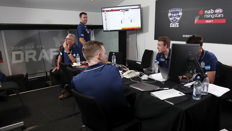 MELBOURNE, AUSTRALIA - NOVEMBER 27: The Geelong Cats recruiting staff are seen during the 2019 NAB AFL Draft at Marvel Stadium on November 27, 2019 in Melbourne, Australia. (Photo by Dylan Burns/AFL Photos) 