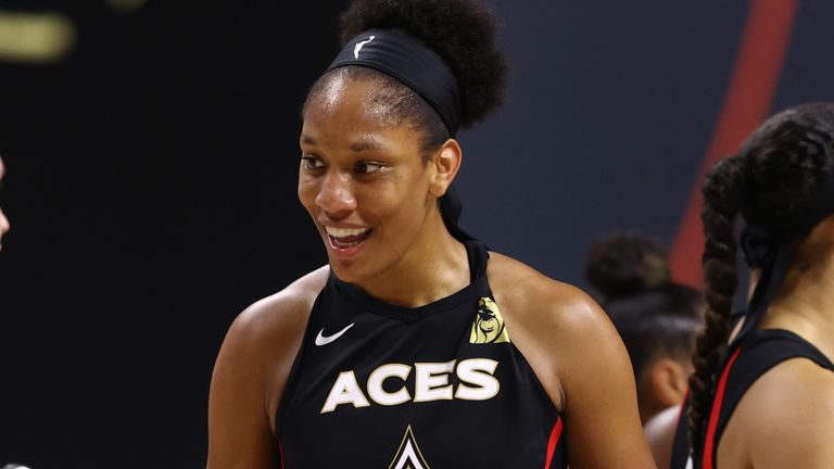 A'ja Wilson celebrates a basket against the Minnesota Lynx