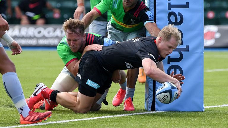 BARNET, ENGLAND - AUGUST 22: Aled Davies of Saracens scores the third try during the Gallagher Premiership Rugby match between Saracens and Harlequins at Allianz Park on August 22, 2020 in Barnet, England. (Photo by Shaun Botterill/Getty Images)