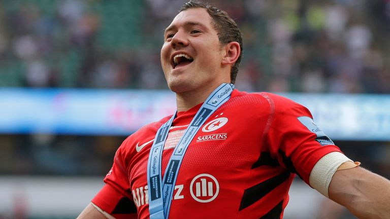 Alex Goode of Saracens celebrates after the Gallagher Premiership Rugby Final between Exeter Chiefs and Saracens at Twickenham Stadium on June 1, 2019 in London, United Kingdom.