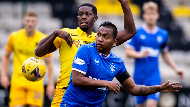 Alfredo Morelos and Marvin Bartley in action during the Scottish Premiership match between Livingston  and Rangers  