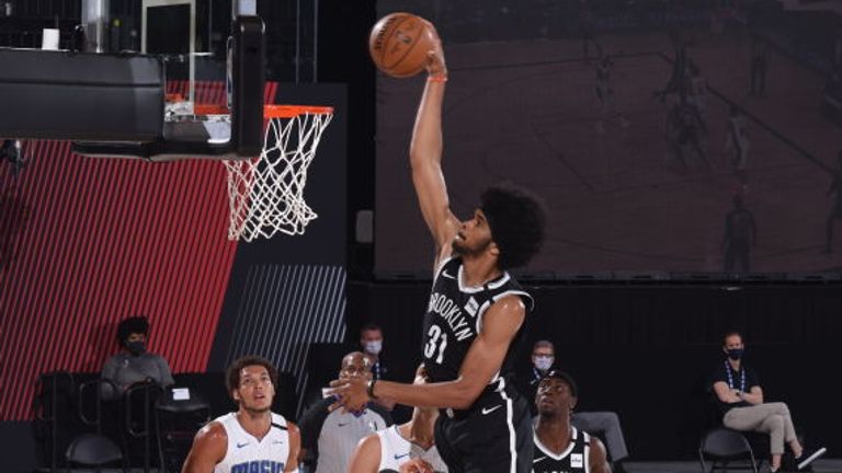 Jarrett Allen of the Brooklyn Nets dunks the ball during the game against the Orlando Magic