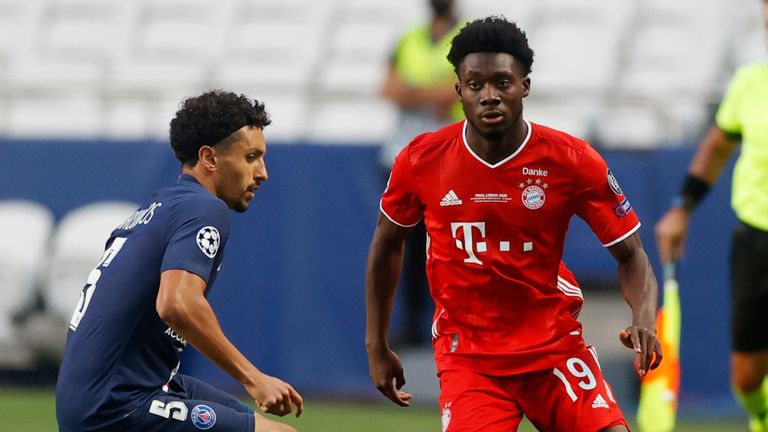 Alphonso Davies is closed down by Marquinhos during a cagey opening