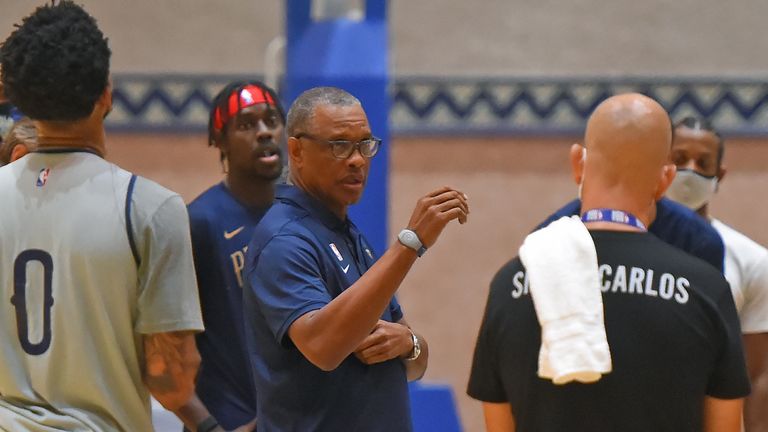 Alvin Gentry of the New Orleans Pelicans coaches during practice as part of the NBA Restart