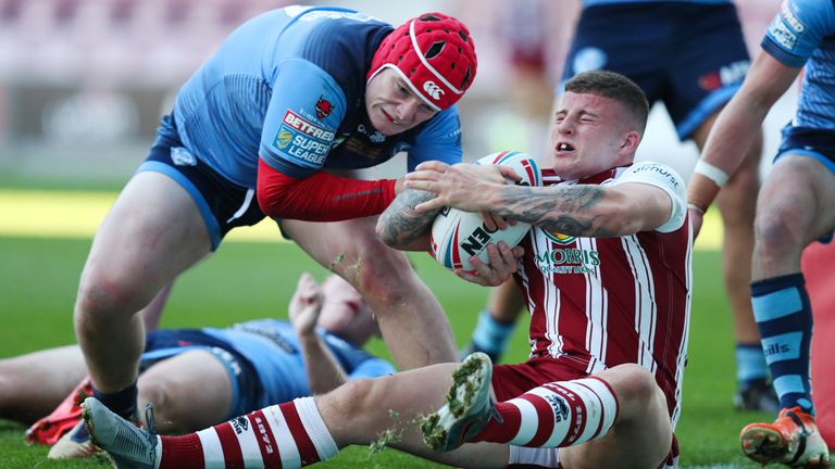 Picture by Oskar Vierod/SWpix.com - 20/09/2019 - Rugby League - Academy Super League Grand Final - Wigan Warriors v St Helens - DW Stadium, Wigan, England -  Amir Bourouh of Wigan Warriors scores their 1st try