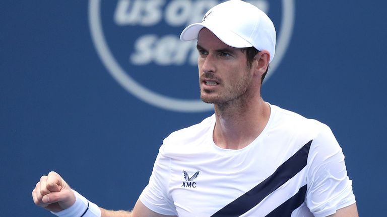 Andy Murray of Great Britain celebrates match point after defeating Frances Tiafoe of the United States during their Men's Singles First Round match against Frances Tiafoe of the United States on day three of the 2020 Western & Southern Open at USTA Billie Jean King National Tennis Center on August 22, 2020 in the Queens borough of New York City.