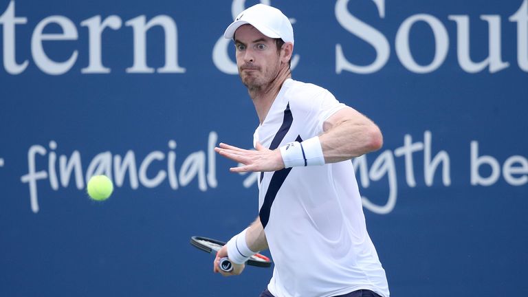 Andy Murray of Great Britain returns a shot to Frances Tiafoe during the Western & Southern Open at the USTA Billie Jean King National Tennis Center on August 22, 2020 in New York City.
