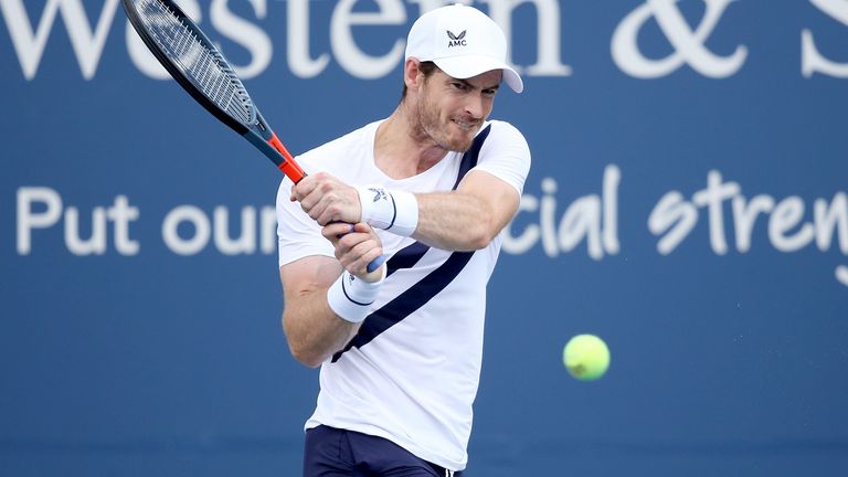 Andy Murray of Great Britain returns a shot to Milos Roanic of Canada during the Western & Southern Open at the USTA Billie Jean King National Tennis Center on August 25, 2020 in the Queens borough of New York City