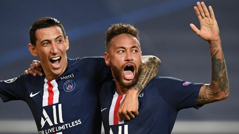 Angel Di Maria and Neymar celebrate after PSG double their lead in Lisbon