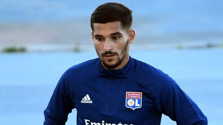 Lyon's French midfielder Houssem Aouar attends a training session at the Restelo training ground in Lisbon on August 18, 2020 on the eve of the UEFA Champions League semifinal football match between Lyon and Bayern Munich.