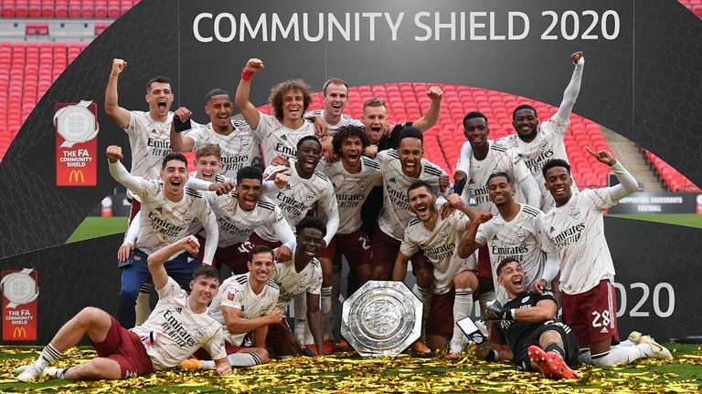 Arsenal celebrate winning the 2020 Community Shield against Liverpool