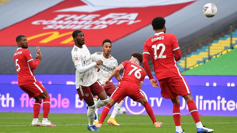 Pierre-Emerick Aubameyang opens the scoring for Arsenal against Liverpool in the Community Shield