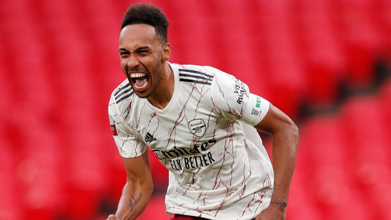 Pierre-Emerick Aubameyang celebrates after winning the Community Shield penalty shootout for Arsenal against Liverpool