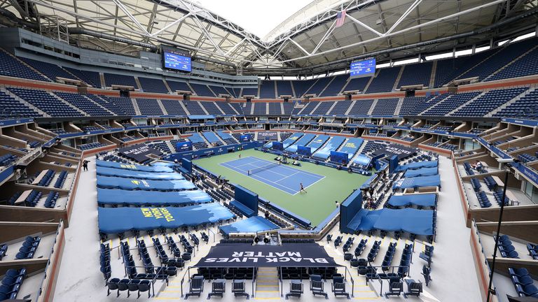 A general view of Arthur Ashe Stadium is seen as Karolina Pliskova of the Czech Republic and Anhelina Kalinina of the Ukraine play during their Women's Singles first round match on Day One of the 2020 US Open at the USTA Billie Jean King National Tennis Center on August 31, 2020 in the Queens borough of New York City. 