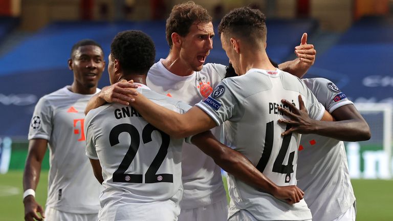 Bayern Munich's players celebrate their second goal against Barcelona