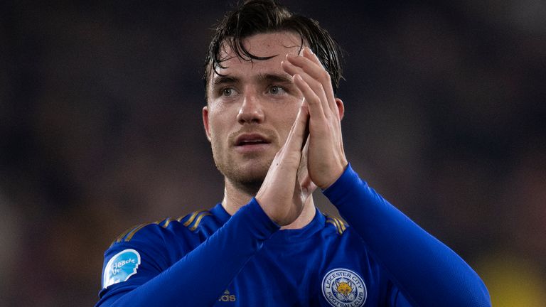 WOLVERHAMPTON, ENGLAND - FEBRUARY 14: Ben Chilwell of Leicester City ackowledges the travelling fans after the Premier League match between Wolverhampton Wanderers and Leicester City at Molineux on February 14, 2020 in Wolverhampton, United Kingdom. (Photo by VISIONHAUS)