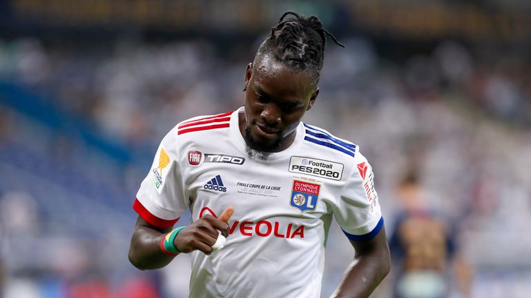 PARIS, FRANCE - JULY 31: Bertrand Traore #9 of Olympique Lyonnais looks on during the French League Cup (Coupe De La Ligue) final between Paris Saint Germain and Olympique Lyonnais at Stade de France on July 31, 2020 in Paris, France. (Photo by Catherine Steenkeste/Getty Images)