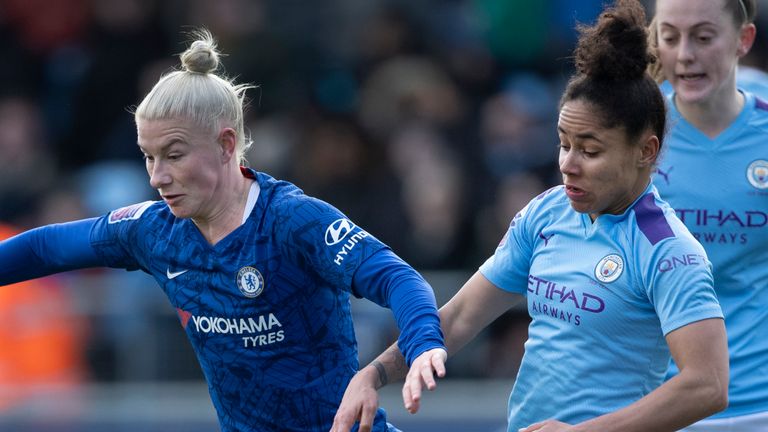 MANCHESTER, ENGLAND - FEBRUARY 23: Bethany England of Chelsea and Demi Stokes of Manchester City in action during the Barclays FA Women's Super League match between Manchester City and Chelsea at The Academy Stadium on February 23, 2020 in Manchester, United Kingdom. (Photo by Visionhaus) *** Local Caption *** Bethany England; Demi Stokes