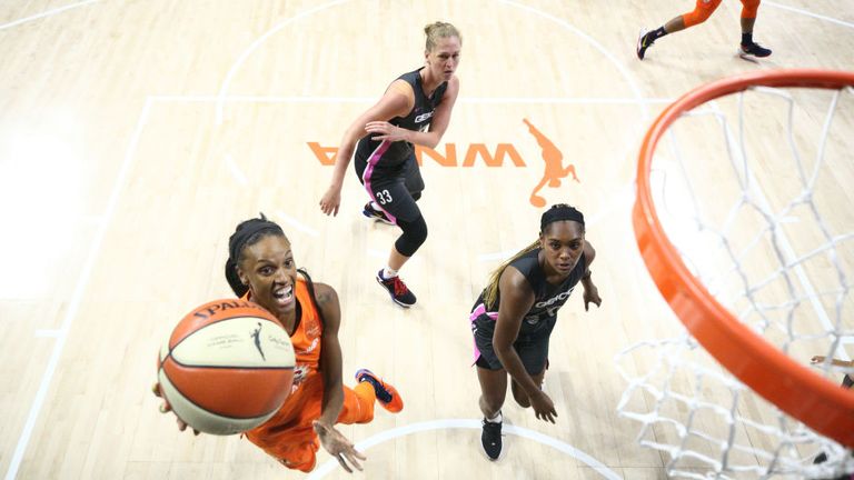 DeWanna Bonner of the Connecticut Sun shoots the ball against the Washington Mystics 