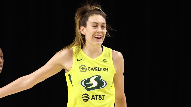 Breanna Stewart celebrates a play during the Storm&#39;s win over the Wings