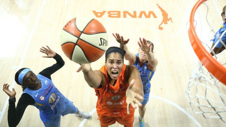  Brionna Jones of the Connecticut Sun shoots the ball against the Chicago Sky