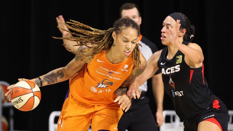 Brittney Griner of the Phoenix Mercury drives to the basket against the Las Vegas Aces