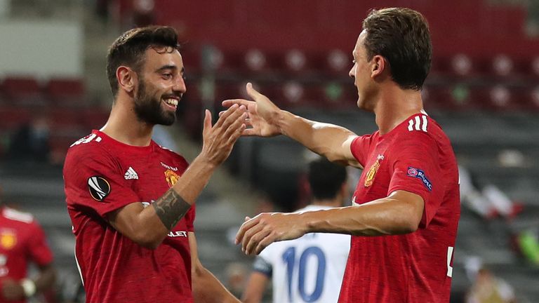 Bruno Fernandes celebrates scoring for Manchester United with Nemanja Matic against FC Copenhagen