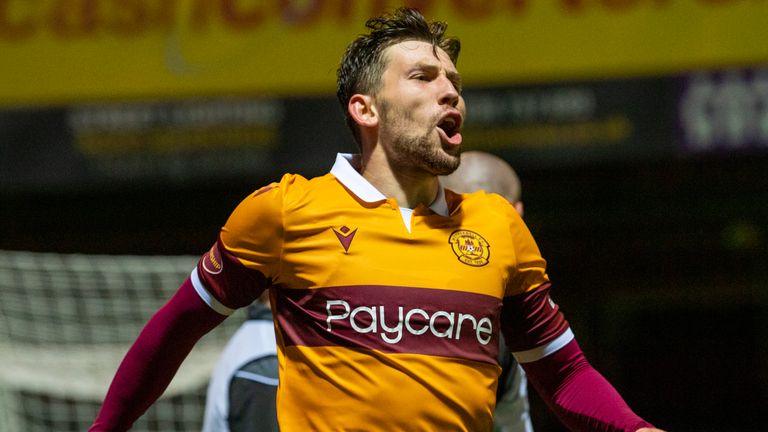 Motherwell's Callum Lang celebrates making it 1-0 against Glentoran