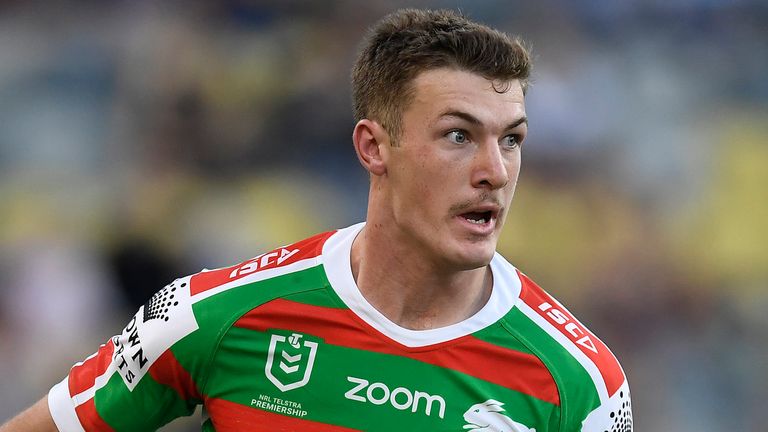 TOWNSVILLE, AUSTRALIA - AUGUST 15: Campbell Graham of the Rabbitohs runs the ball during the round 14 NRL match between the North Queensland Cowboys and the South Sydney Rabbitohs at QCB Stadium on August 15, 2020 in Townsville, Australia. (Photo by Ian Hitchcock/Getty Images)