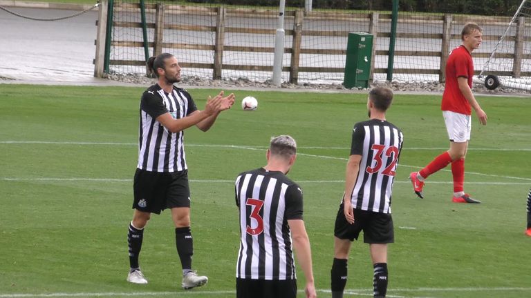 Andy Carroll celebrates after scoring Newcastle&#39;s opener in their friendly against Crewe.