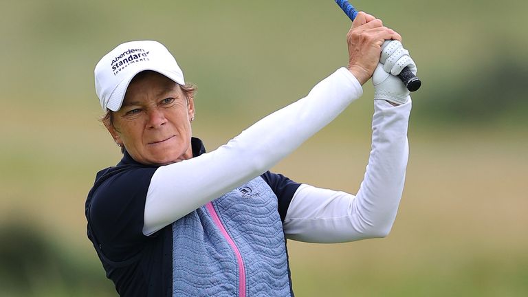 Catriona.Matthew of Scotland plays a shot during Day One of the 2020 AIG Women's Open at Royal Troon on August 20, 2020 in Troon, Scotland