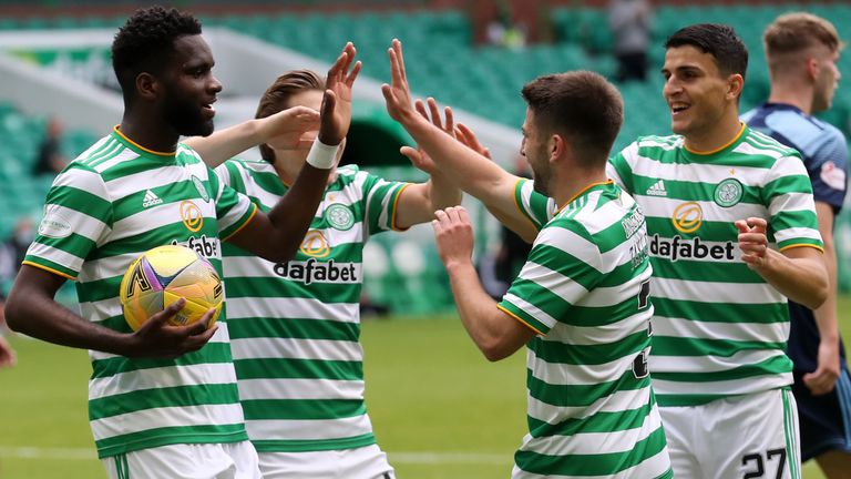 Odsonne Edouard celebrates with Celtic team-mates after scoring against Hamilton 